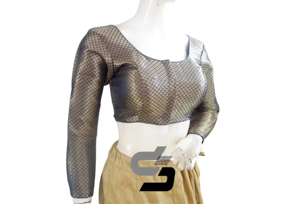 Navy Blue Saree Blouse, Premium Brocade Readymade Saree Blouse, Indian Choli Top Online - D3blouses