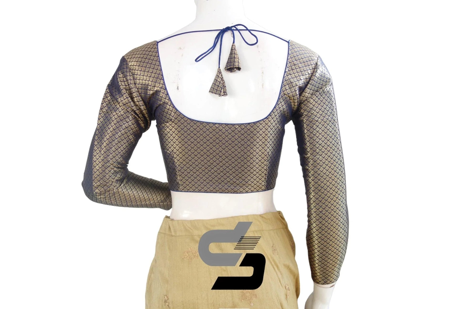 Navy Blue Saree Blouse, Premium Brocade Readymade Saree Blouse, Indian Choli Top Online - D3blouses