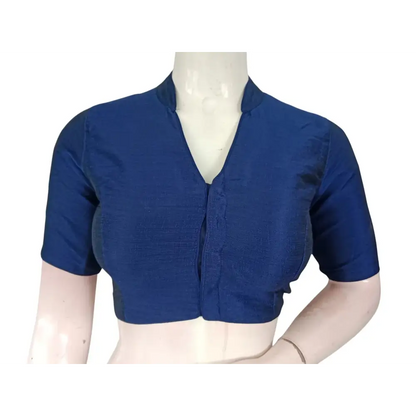 Navy Blue Semi Raw Silk Saree Blouse – Collar Neck, Stitched & Ready to Wear with Cotton Lining & Padding - D3blouses