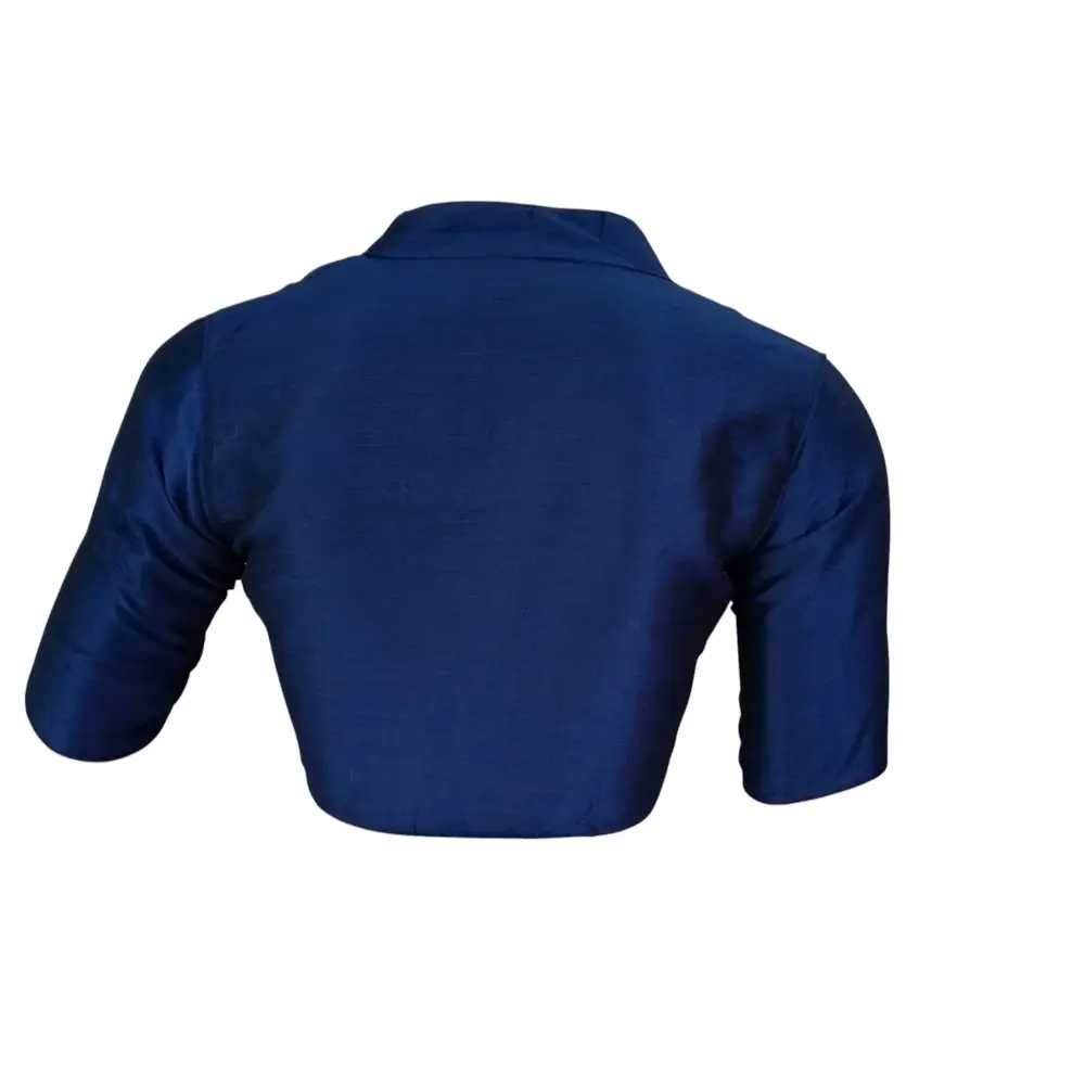 Navy Blue Semi Raw Silk Saree Blouse – Collar Neck, Stitched & Ready to Wear with Cotton Lining & Padding - D3blouses