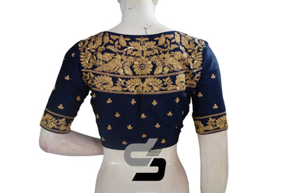 Navy Blue Semi Silk High Neck Embroidered Saree Blouses/Crop Tops - D3blouses