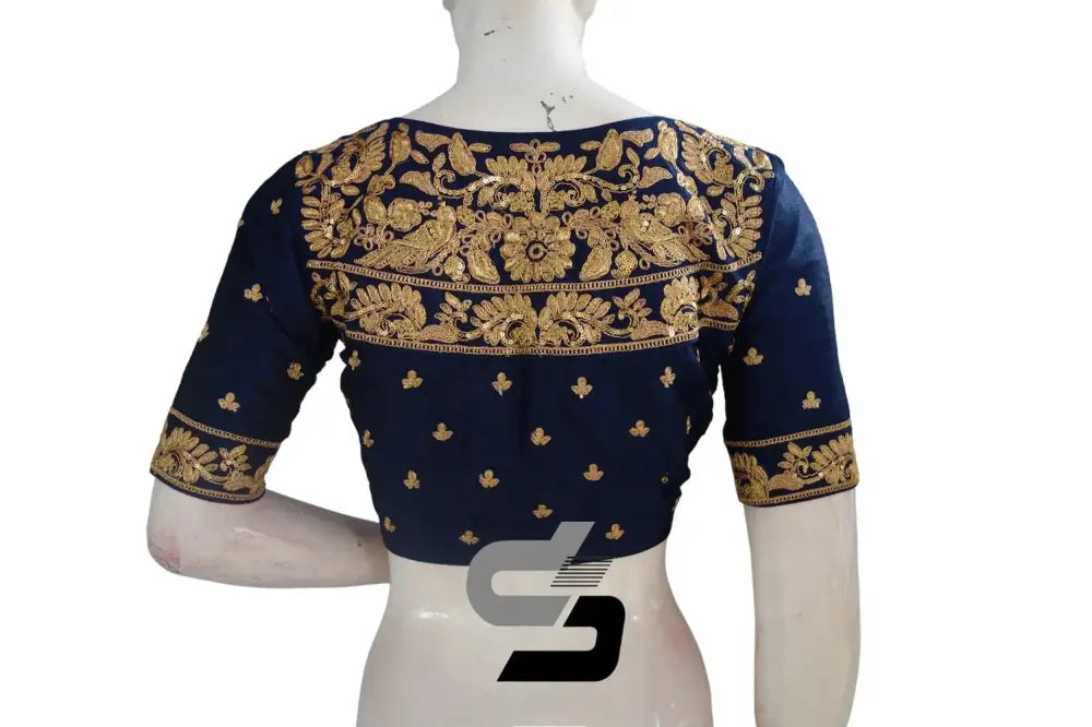 Navy Blue Semi Silk High Neck Embroidered Saree Blouses/Crop Tops - D3blouses