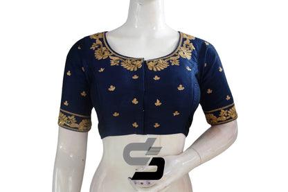 Navy Blue Semi Silk High Neck Embroidered Saree Blouses/Crop Tops - D3blouses
