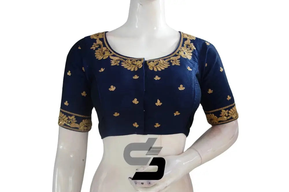Navy Blue Semi Silk High Neck Embroidered Saree Blouses/Crop Tops - D3blouses
