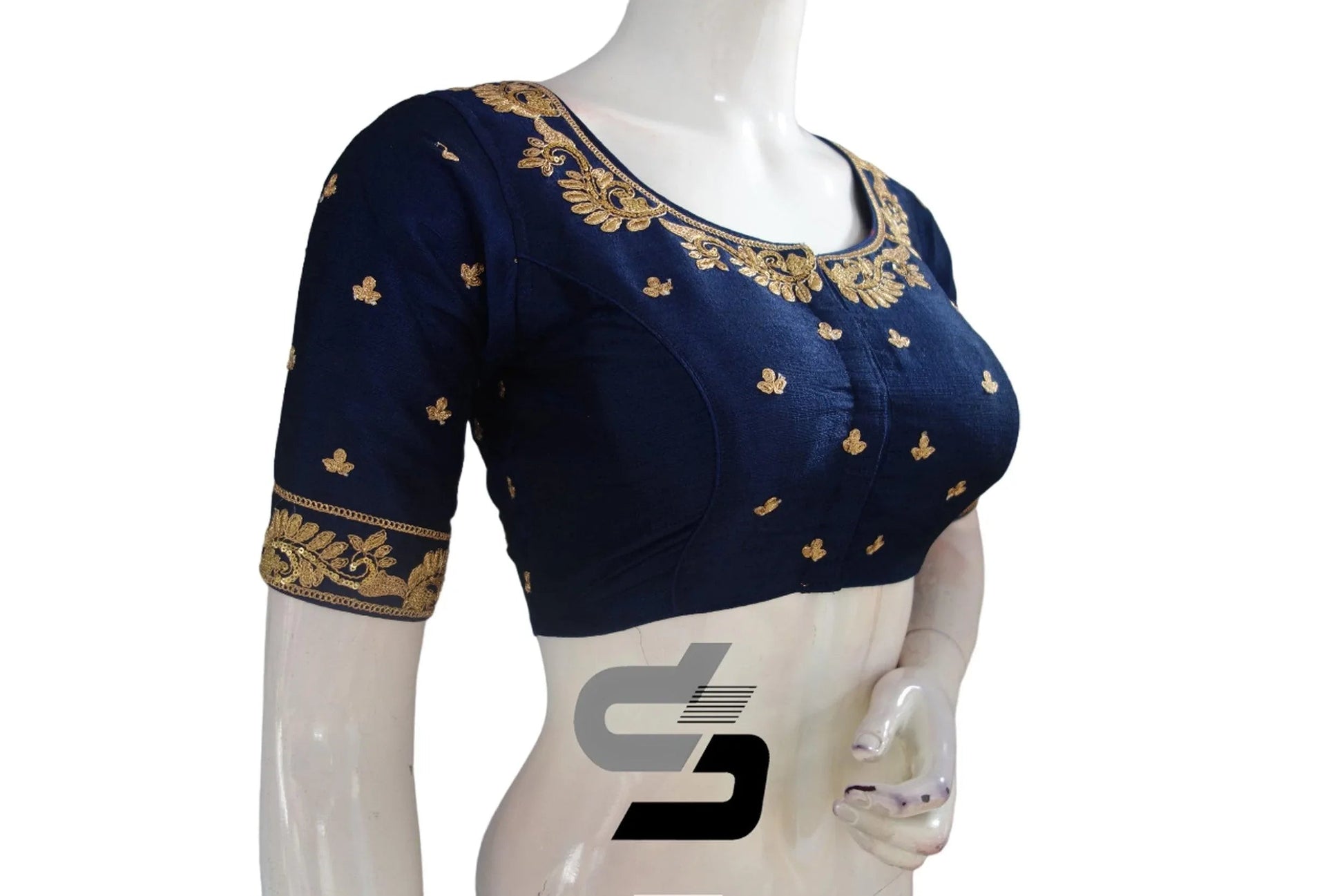 Navy Blue Semi Silk High Neck Embroidered Saree Blouses/Crop Tops - D3blouses