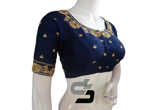 Navy Blue Semi Silk High Neck Embroidered Saree Blouses/Crop Tops - D3blouses