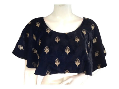 Navy Blue Velvet Ponchos Readymade Saree Blouse, Indian Designer Choli Top - D3blouses