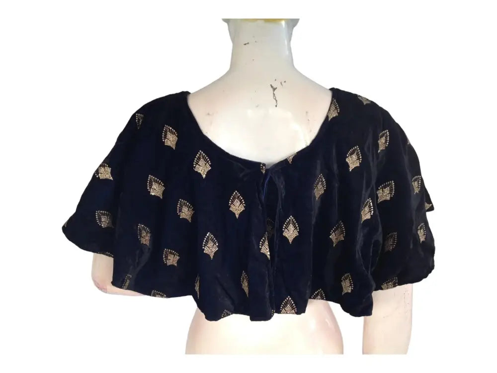 Navy Blue Velvet Ponchos Readymade Saree Blouse, Indian Designer Choli Top - D3blouses