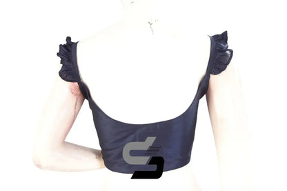 Navy Majesty, Navy Blue Plain Silk Spaghetti Frill Sleeves Readymade Saree Blouse - D3blouses