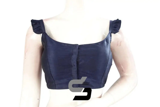 Navy Majesty, Navy Blue Plain Silk Spaghetti Frill Sleeves Readymade Saree Blouse - D3blouses