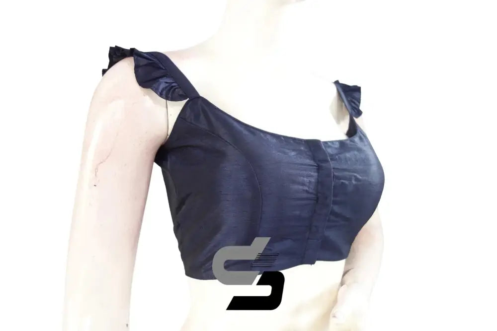 Navy Majesty, Navy Blue Plain Silk Spaghetti Frill Sleeves Readymade Saree Blouse - D3blouses