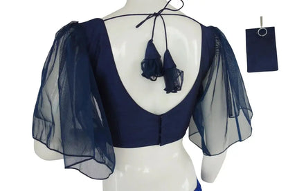 Navy Majesty, Designer Ruffle Sleeves Readymade Saree Blouse, Indian Silk with Mobile Pouch - D3blouses