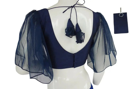 Navy Majesty, Designer Ruffle Sleeves Readymade Saree Blouse, Indian Silk with Mobile Pouch - D3blouses