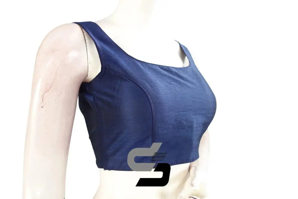 Navy Nouveau, Plain Silk Designer Readymade Blouse - D3blouses