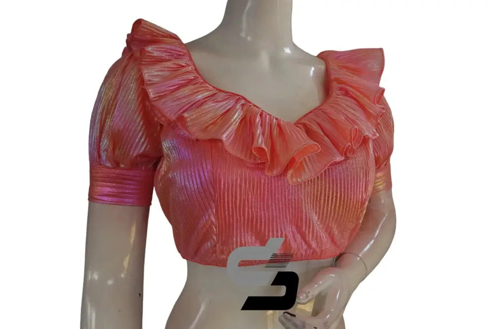 Neon Pink Pre-Pleated Saree Blouse, Frill Neckline, Puff Sleeves - D3blouses