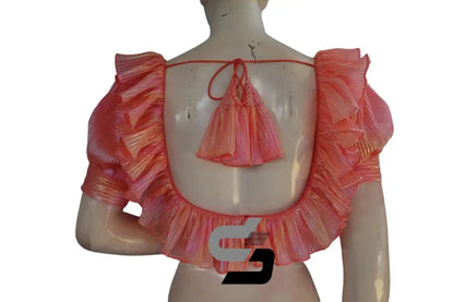Neon Pink Pre-Pleated Saree Blouse, Frill Neckline, Puff Sleeves - D3blouses