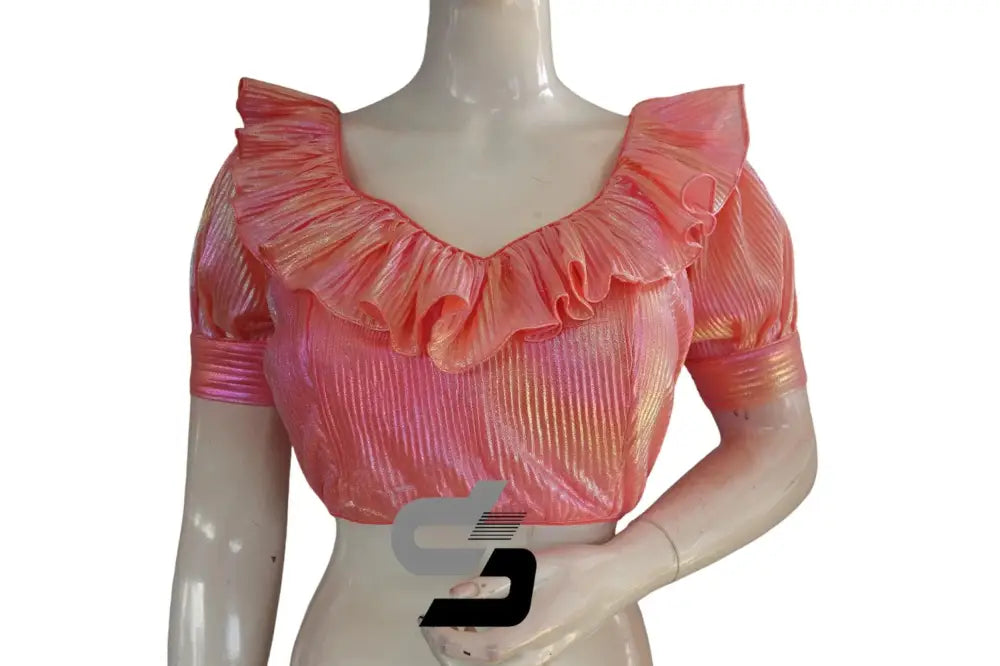 Neon Pink Pre-Pleated Saree Blouse, Frill Neckline, Puff Sleeves - D3blouses