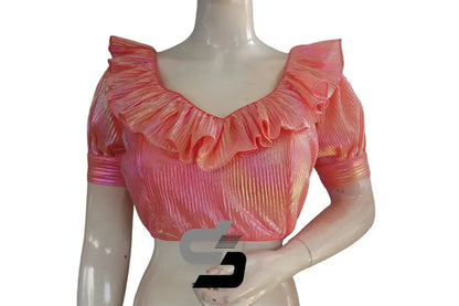 Neon Pink Pre-Pleated Saree Blouse, Frill Neckline, Puff Sleeves - D3blouses