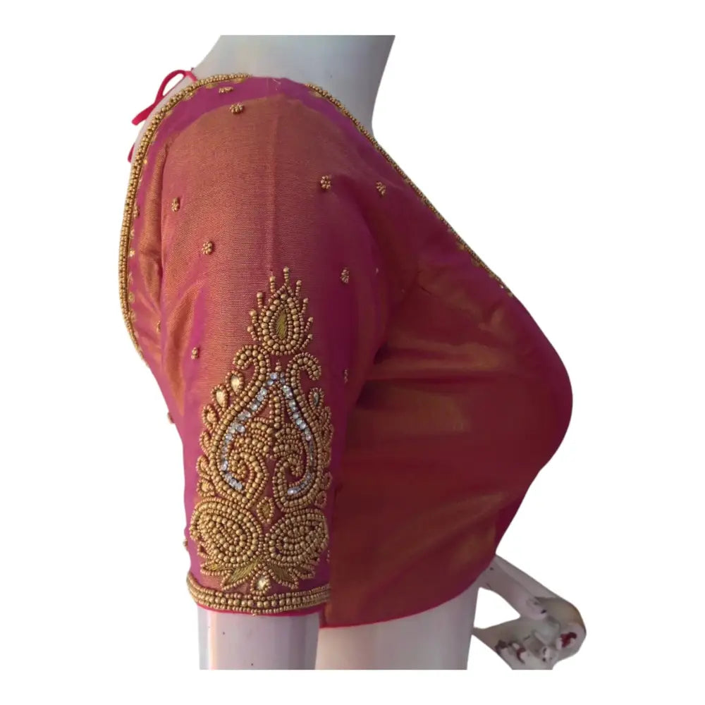 New Arrival! Elegant Pink Tissue Silk Aari Work Wedding Blouse - D3 Blouses - D3blouses