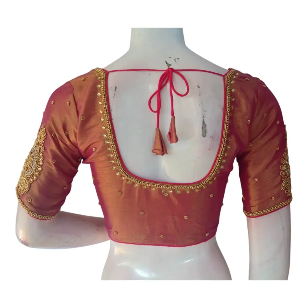 New Arrival! Elegant Pink Tissue Silk Aari Work Wedding Blouse - D3 Blouses - D3blouses