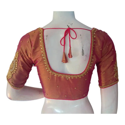 New Arrival! Elegant Pink Tissue Silk Aari Work Wedding Blouse - D3 Blouses - D3blouses