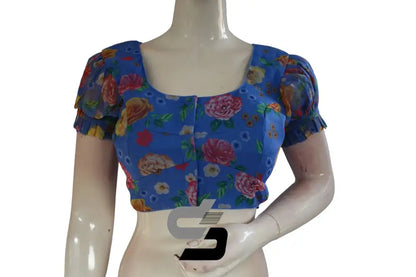 Ocean Breeze, Blue Organza Fancy Frill Puff Sleeves Blouse for Sarees - D3blouses