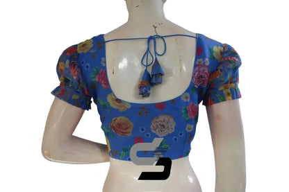 Ocean Breeze, Blue Organza Fancy Frill Puff Sleeves Blouse for Sarees - D3blouses