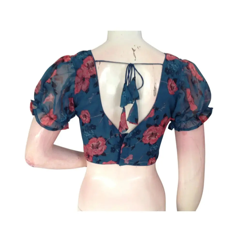 Oceanic Dream: Teal Blue Organza Puff Sleeve Readymade Blouse - D3blouses