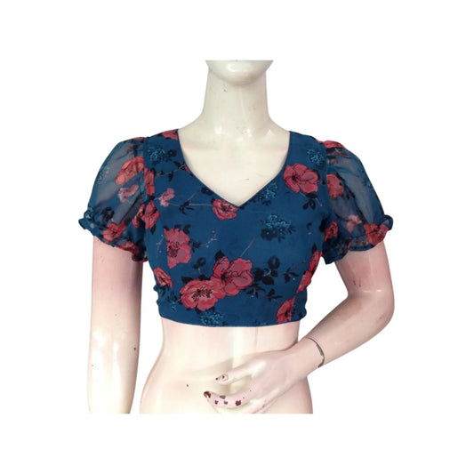 Oceanic Dream: Teal Blue Organza Puff Sleeve Readymade Blouse - D3blouses