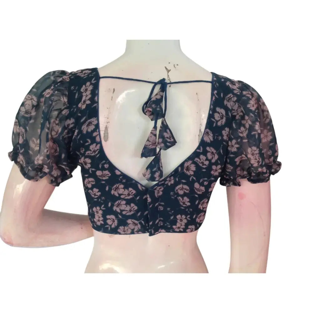 Oceanic Teal Blue Color Organza Puff Sleeve Readymade Blouse - D3blouses