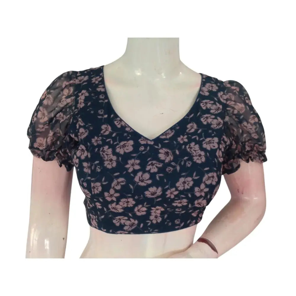 Oceanic Teal Blue Color Organza Puff Sleeve Readymade Blouse - D3blouses