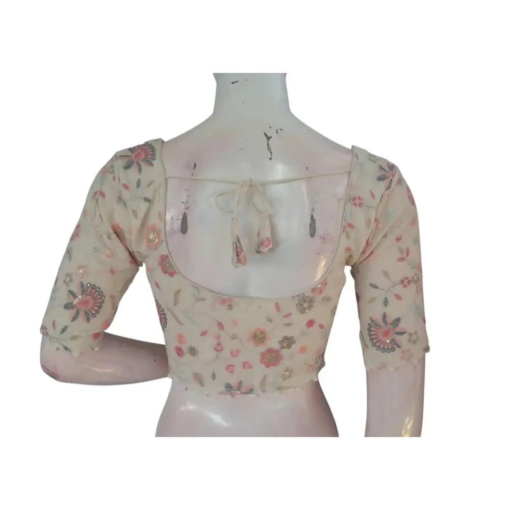 Off White Color Khadi Cotton Designer Thread Work Readymade Saree Blouse - D3blouses