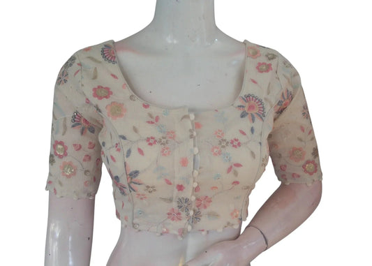 Off White Color Khadi Cotton Designer Thread Work Readymade Saree Blouse - D3blouses