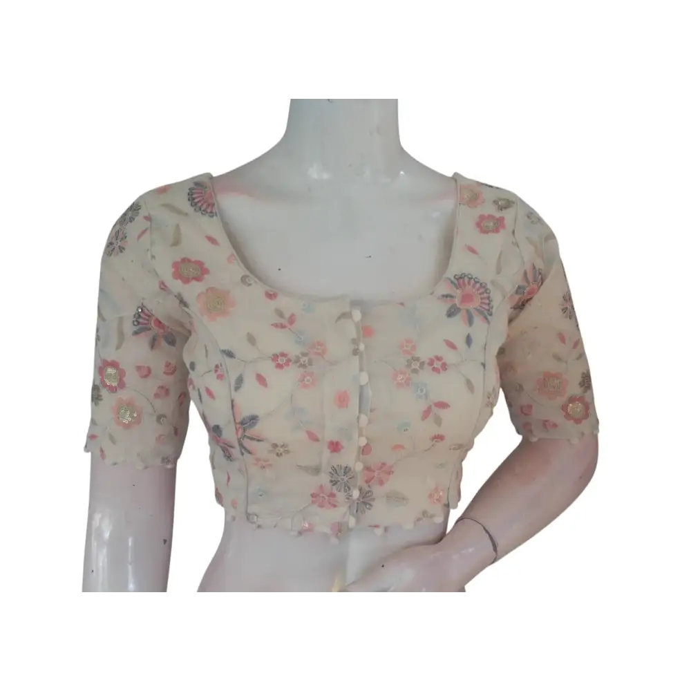 Off White Color Khadi Cotton Designer Thread Work Readymade Saree Blouse - D3blouses