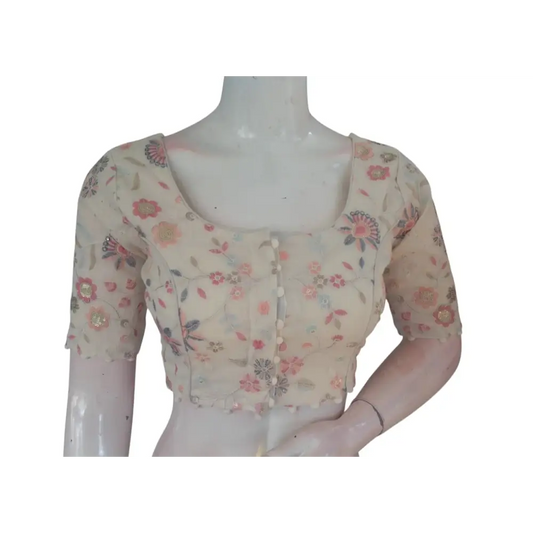 Off White Color Khadi Cotton Designer Thread Work Readymade Saree Blouse - D3blouses