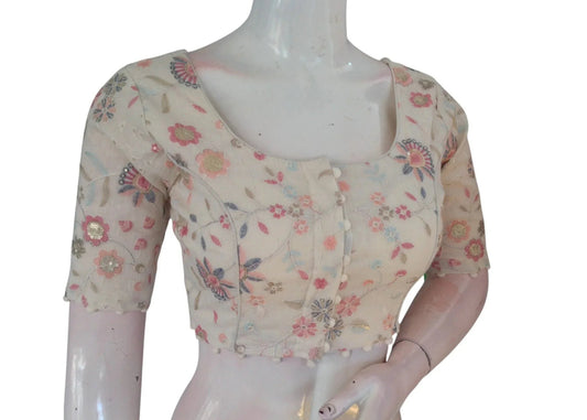 Off White Color Khadi Cotton Designer Thread Work Readymade Saree Blouse - D3blouses