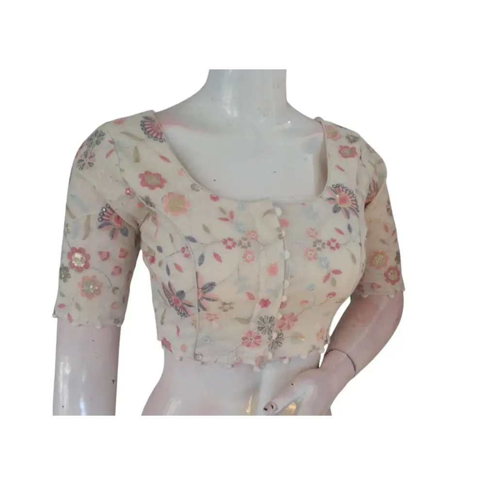 Off White Color Khadi Cotton Designer Thread Work Readymade Saree Blouse - D3blouses