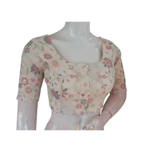 Off White Color Khadi Cotton Designer Thread Work Readymade Saree Blouse - D3blouses