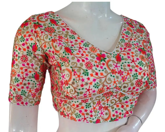 Off-White Color Multi-Thread Semi-Silk Readymade Saree Blouse - D3blouses