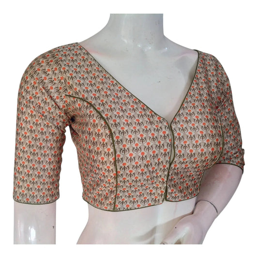 Off White Color Printed Silk V-neck Designer Readymade Blouse - D3blouses