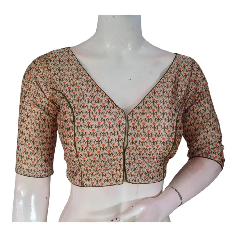 Off White Color Printed Silk V-neck Designer Readymade Blouse - D3blouses