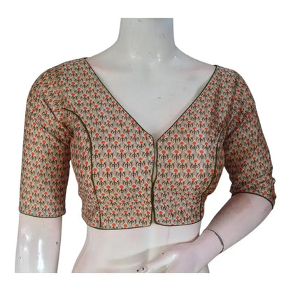 Off White Color Printed Silk V-neck Designer Readymade Blouse - D3blouses