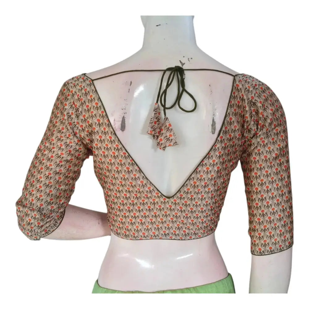 Off White Color Printed Silk V-neck Designer Readymade Blouse - D3blouses