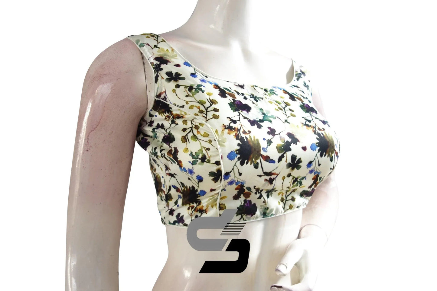 Off-White Color Satin Printed Designer Sleeveless Readymade Saree Blouse With Tassels - D3blouses