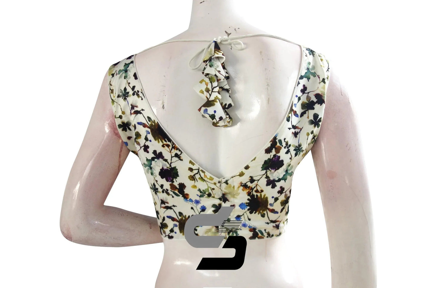 Off-White Color Satin Printed Designer Sleeveless Readymade Saree Blouse With Tassels - D3blouses