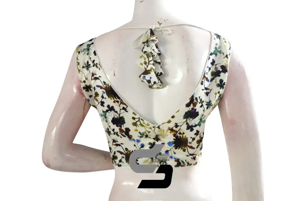 Off-White Color Satin Printed Designer Sleeveless Readymade Saree Blouse With Tassels - D3blouses