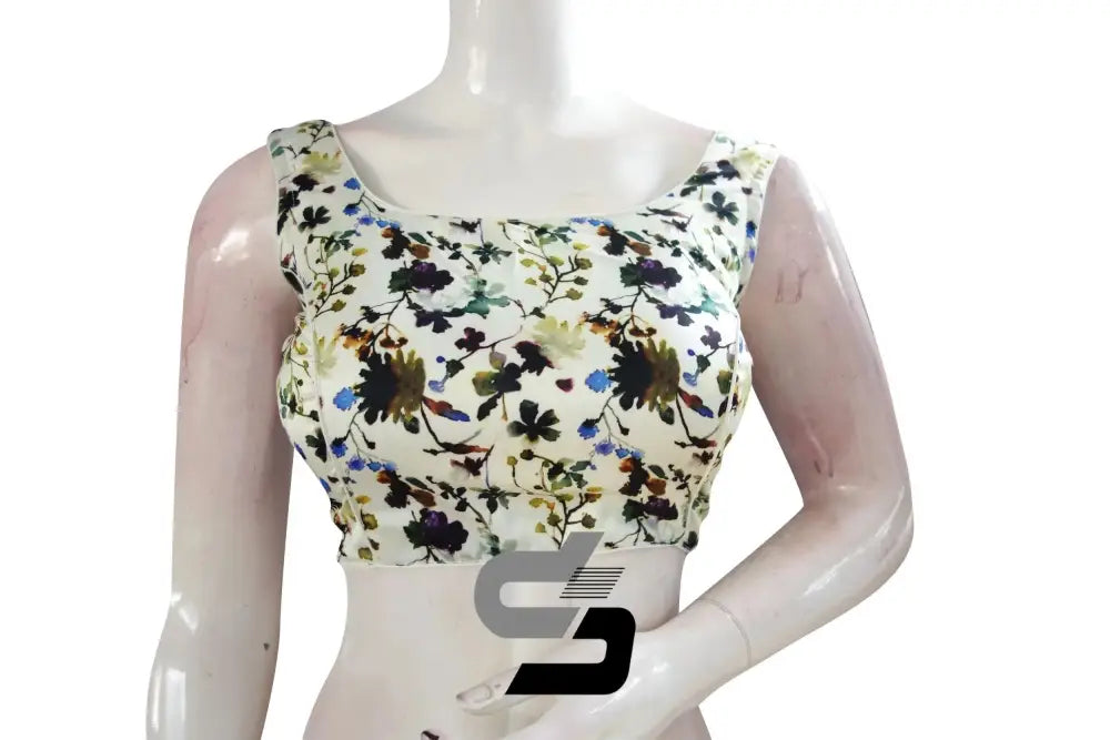 Off-White Color Satin Printed Designer Sleeveless Readymade Saree Blouse With Tassels - D3blouses