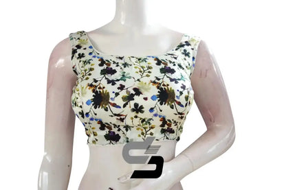 Off-White Color Satin Printed Designer Sleeveless Readymade Saree Blouse With Tassels - D3blouses