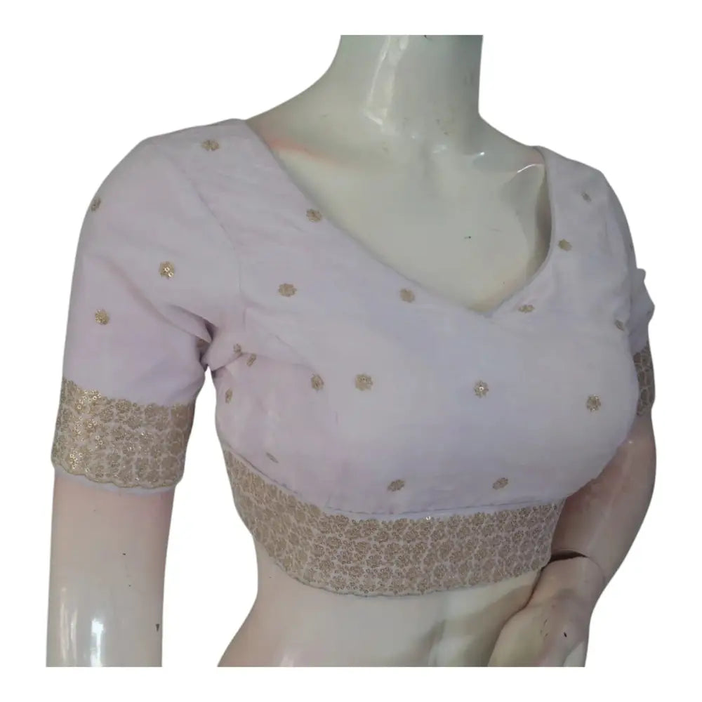 Off-White Color Sequined Velvet V-Neck Designer Readymade Blouse - D3blouses