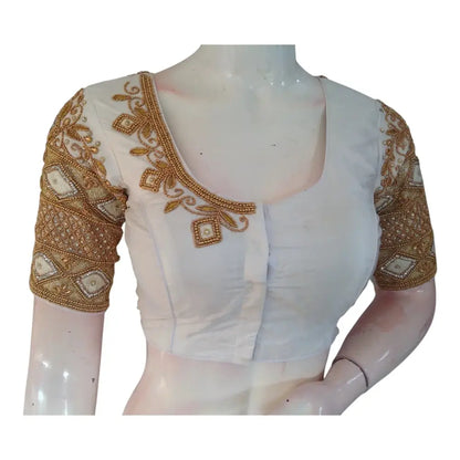 Off-White Color Silk Saree Blouse with Aari Handwork - Bridal Classic - D3blouses